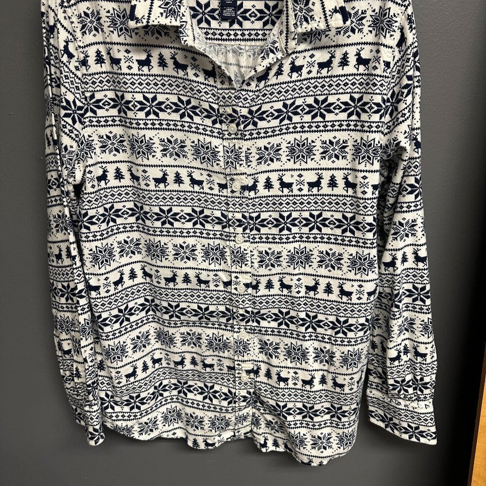 Lands End Reindeer Womens Button Flannel Top Size 12 Nordic Fair Isle Long Slv - Picture 3 of 6